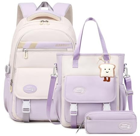 Tanou flickor ryggsäck för skola stor vardaglig dagväska för tonårstjejer 3 st skolväska set med crossbody väska pennfodral, Lila, 32x19x45 cm
