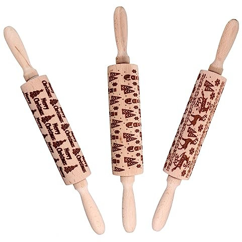 PRETYZOOM Mattarello Per Dolci Natalizi in Legno 3 Pezzi Decorazioni Festive, Mattarello Da Cucina Per Impasto Fatto in Casa, Bastoncino Rotante Dimensioni Compatte Per Stendere Pasta e Biscotti