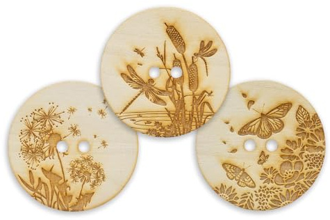 Lot de 30 boutons en bois gravés de 2.36in / 60 mm pour couture, loisirs créatifs | Boutons en bois extra larges avec gravures sur le thème de la nature - Pissenlits, libellules, papillons et motifs floraux
