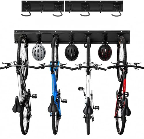 M.J COMFY-LIFE Wall Mounted Bike Rack for 4 Bicycles & 3 Helmets – Heavy Duty Vertical Bike Storage Rack, Space Saving Garage Wall Hanger, Indoor Bicycle Holder for Road & Mountain Bikes (4 Bikes)
