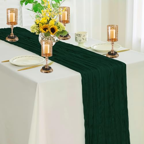 Ezvsevuo 1 STK. Tischläufer Dunkelgrün 90 x 300 cm - Rustikale Gaze Käsetuch Tischläufer, Boho Dekostoff für Hochzeitsdeko Gartenparty, Brautparty, Geburtstag Deko & Tischdeko (Waldgrün)