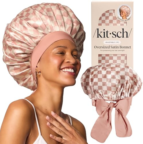 Kitsch XL Satin Bonnet for Sleeping - Softer Than Silk Hair Bonnet For Women - Secure Fit, Adjustable Night Cap For Curly & Textured Hair - Prevents Breakage, Tangles & Thinning - Terracotta Checker