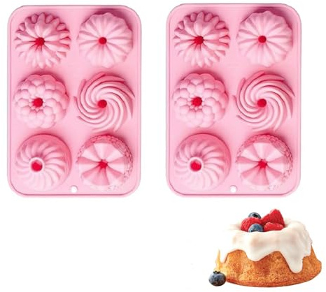 Mini Moule à Kougelhopf en Silicone,2 Pièces Mini Moules à Savarin 6 Formes Différentes de Motifs de Rainures Antiadhésif Moule à Gâteau pour la Cuisson Gâteaux,Desserts,Chocolat,Gelée Muffins(Rose)