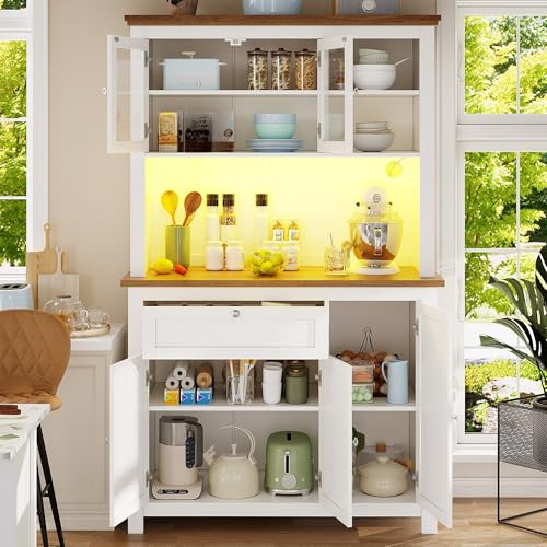 LAKFEW Alacena de Cocina con Iluminación LED y Estante Ajustable, Armario Cocina Almacenaje con 1 Cajón y 5 Puertas, Alacena Cocina con Dispositivo Antivuelco, 104x40x180 cm, Blanco