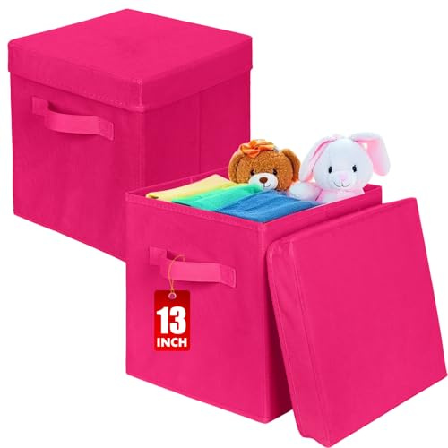 powerking Scatola di stoccaggio Bins, 2 pacchetto pieghevole tessuto stoccaggio cubo con coperchio, vestiti organizzatore cassetto per armadio e giocattoli stoccaggio, 33 x 33 x 33 cm,Rose Red