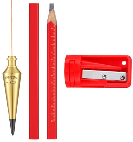 Leriton 8 oz Brass Plumb Bob with Replaceable Steel Tip 20 ft String & Hook 2 Carpenter Pencils & Sharpener Accurate Measuring Plum Bob Tool for Contractors Masons DIY Building Surveying(Classic)