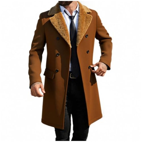 Mens Trench Coat with Fleece Collar Wool Blend Double Breasted Pea Coats Winter Fashion Overcoats Long Jacket