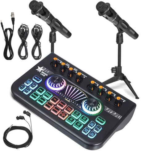 HEMOTON Equipo Profesional para Podcast y Dj con Mezclador de Audio Tarjeta de Sonido con Cambiador de Voz Micrófonos Dobles para Streaming Grabación y Gaming