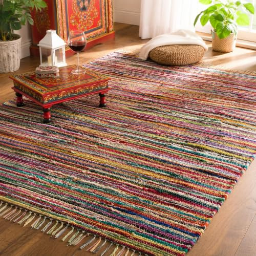 Hieftan Handmade Cotton Chindi Rug – Multicoloured Striped Recycled Decorative Area Rug Mat for Living Room & Bedroom 160x230 cm