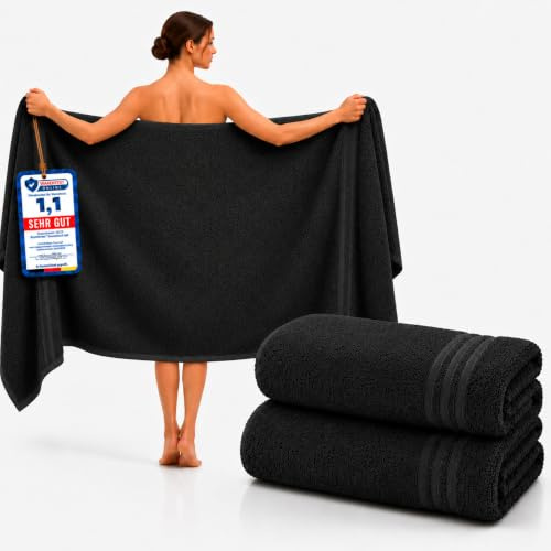 Komfortec 2er Badetuch Set aus 100% Baumwolle – 80x200 cm – Extra Weich & Saugstark – Frottee Badehandtücher Schnelltrocknend – Schwarz