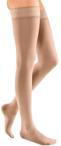 medi mediven elegance - 0268114 Oberschenkellange Damen Kompressionsstrümpfe mit geschlossener Spitze | CCL2 | Weites Noppen-Haftband | Caramel | Gr. IV normal