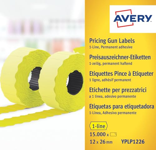 Avery Zweckform YPLP1226 Preisauszeichner-Etiketten, 1-zeilig, 12 x 26 mm, 10 Rollen/15.000 Etiketten, gelb