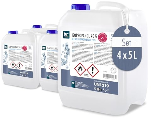 Höfer Chemie 4 x 5 L Alcool Isopropylique 70% (IPA) - Solvant Multiusage | Parfait Comme Solvant et Dégraissant - Cleaner pour Ongles, Nettoyant pour Écran, Dégraissant - Idéal Écrans et Électronique