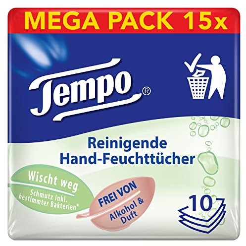 Tempo Reinigende Hand-Feuchttücher, parfüm- und alkoholfrei, dermatologisch getestet, 150 Tücher (10 Tücher x 15 Packungen)