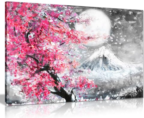 Peinture à l'huile rose noir et blanc paysage de cerisier japonais Impression sur toile 45,7 x 30,5 cm