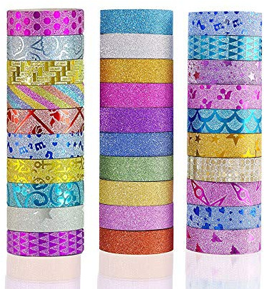 Phantomon Washi Tape pysselbandsset 30 rullar bred dekorativ tejp för konst, gör-det-själv-dekoration, scrapbooking, glitter washitäckband