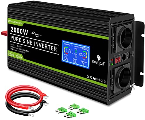 NOVOPAL Inversor de Corriente de Onda Sinusoidal Pura 2000W Convertidor DC 24V a AC 220V 230V con Pantalla LCD-un Puerto USB-Control Remoto de 5 Metros & Ventiladores de refrigeración