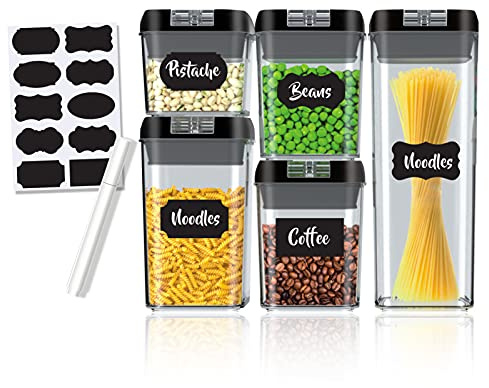 LAPONO Botes Herméticos Cocina Set de 5, Recipientes Herméticos para Alimentos con Tapa, Botes de Cocina para Almacenaje, Plásticos y Apilables con Etiquetas, Pasta, Arroz, Harina, Cereales y Café