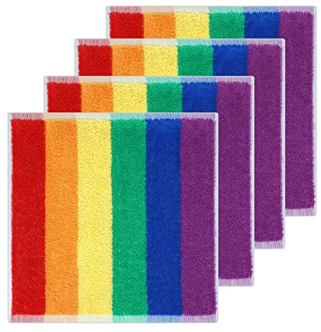 Lashuma 4 Stück Seiftücher, Gästehandtücher klein 30x30 cm, Gestreiftes Handtuchset in Regenbogen Farben