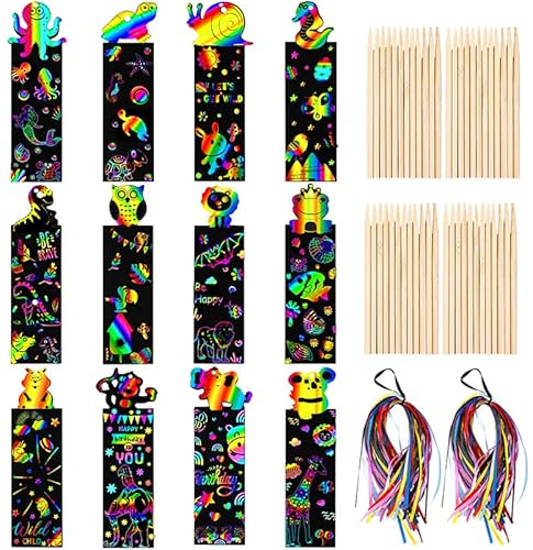 Kratzbilder für Kinder, 24/48 Stück Kratzbild Lesezeichen Set mit 24/48 Stk Holzstiften und Bändern DIY Geschenkanhänger für Kinder Studenten Party Bastelbedarf (Schwarz-48 Stück)