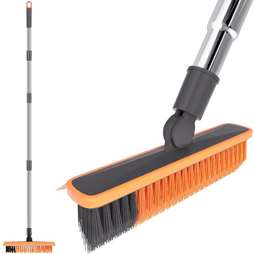 2-in-1 Bodenbürste, Schrubber mit langem Griff, Teleskop, 3 Stangen, 150 cm, Fugenbürste, Schaber, steife Borsten, Reinigungsbürste mit Rakel, Glas, Terrasse