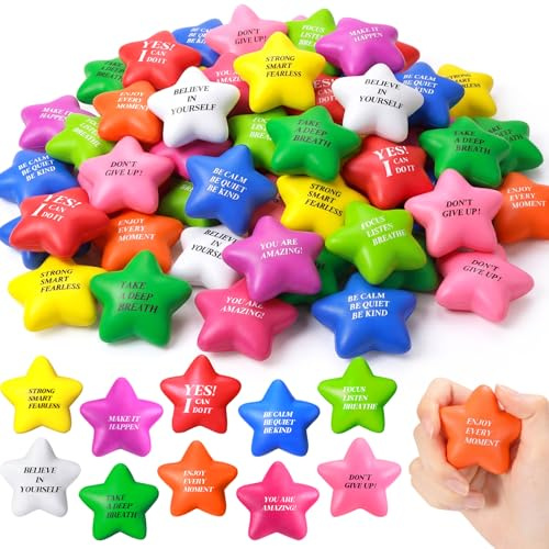 Jerify 120 Pcs Star Stress Balls for Adults Kids Motivational Quotes Soft Foam Stress Relief Toys Inspirational Star Shape Ball, Fidget Anxiety & Anger Relief at Work/School/Home(Bright Colors)