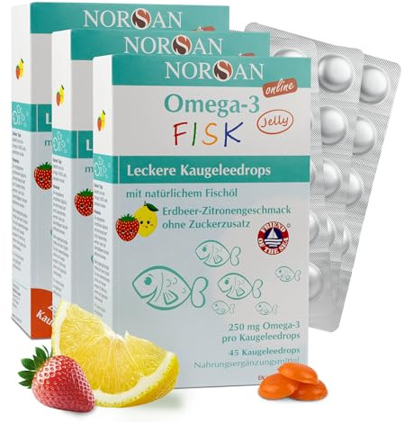 NORSAN FISK JELLY für Kinder - 250mg Omega-3 pro Kaugeleedrop - 3x 45 Stück | Fischöl Kapseln mit EPA und DHA aus nachhaltigem Wildfang - Vitamin D3 (200 I.E.) - Erdbeer Zitrone Geschmack - zuckerfrei