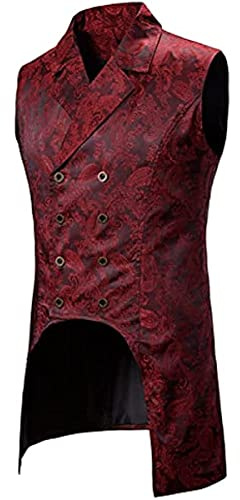 Vagbalena Hommes Victorien Steampunk Vintage Gilet Long Court Smoking Double Boutonnage Performance Usure Gothique médiéval Queue Manteau Costume