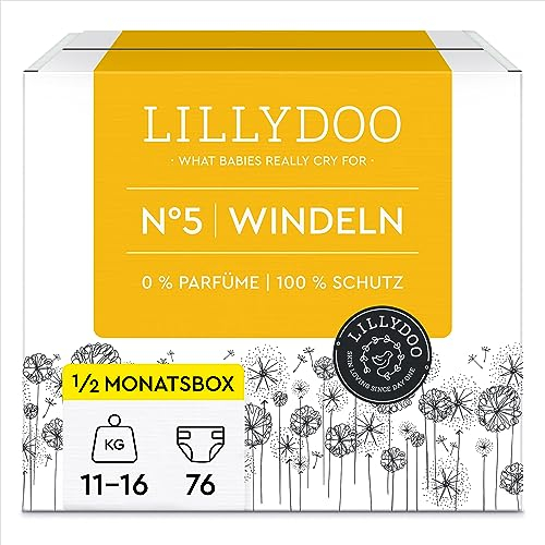 Pañales LILLYDOO delicados con la piel - talla 5 (11-16 kg), caja de medio mes (76 unidades), protección contra fugas, suaves, sin perfumes ni lociones y dermatológicamente probados