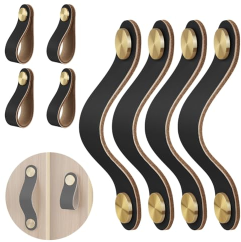 flintronic FLINTRONIC4PC Ledergriffe für Möbel, 4 Stück Handgemachte Griff Möbelknöpfe Leder, Vintage Möbelgriffe Ledergriff Schrankgriffe für Küchenschränke, Kleiderschrank, Bad