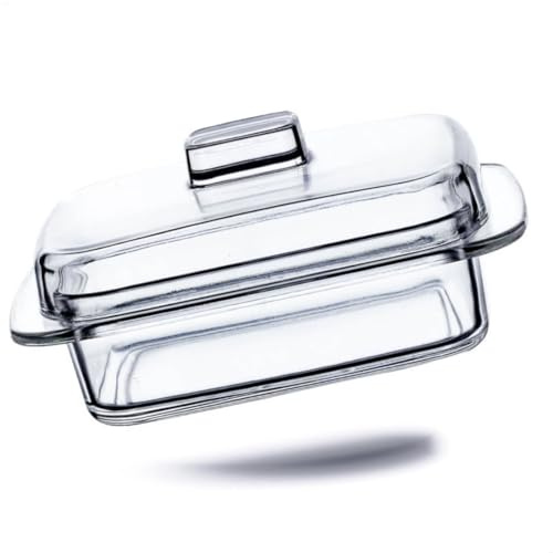 Kerafactum Mantequera de cristal de alta calidad, clásica, caja de mantequilla, con tapa, campana para mantequilla fresca, queso, transparente, rectangular, con asa, recipiente para mantequilla, apto