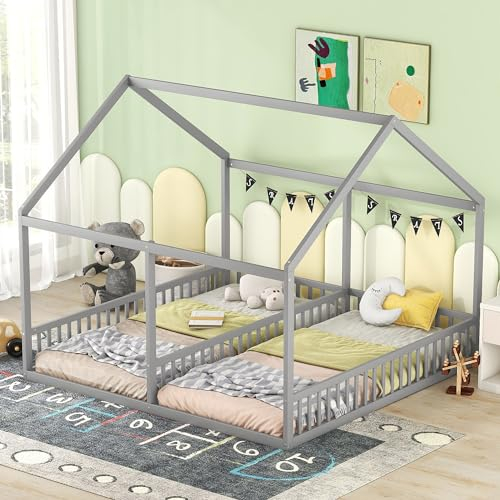 MQLAE Hausbett 90x200 mit Rausfallschutz für 2 Kinder, Kiefernholz Kinderbett für Jungen & Mädchen, 2-in-1 Gitterbett Kinder Bett Bodenbett, Einzelbetten, ohne Matratze, Grau