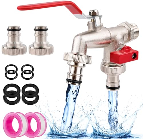 WuGU Universal Garten Wasserhahn,Doppel Auslaufhahn 1/2 Zoll aus Messing rost-und frostsicher, mit 2x Gratis Schlauchanschlüsse, 2xRollendichtband, Doppelanschluss und Schlauchtülle