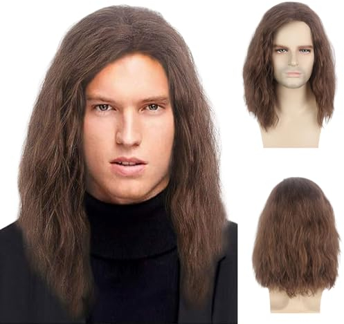 TSHAOUN Men's Brown Wig Mid Length Curly Hair, 16 Inch/40 cm Pop Rocking Dude Wig for Adult, Handsome Cosplay Wigs for 70s 80s Fancy Dress Daily Costume Party Halloween