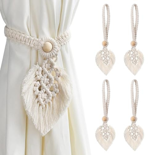 ANBOWEI Macrame Boho Curtain Tiebacks, 4pcs Cotton Hand Knitting Rope Tie Backs for Curtains with Leaf Shape Tassel and Wooden Bead for Decor Bedroom,Shower,Living Room - Beige