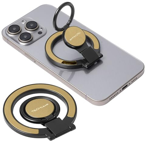 TECHGEAR Magnetic Phone Grip Holder for MagSafe, Magnetic Phone Ring Stand Finger Grip Kickstand, Adjustable Kickstand [Wireless Charging Friendly] for iPhone 16 15 14 13 12 Pro/Max/Plus/Mini - Gold