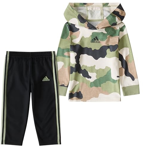 adidas Long Sleeve Camo Fleece Hooded Pullover Set Hooded Sweatshirt for Children and Boys, Green Camo Tent, 12 Months