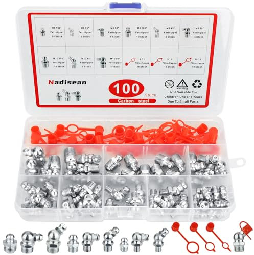 Nadisean 100 Piezas Boquillas de Engrase con Tapas, Engrasador M6 M8 M10, Surtido de Engrasadores de Niquelado, Boquilla para engrase 45°90°180°con Caja para Equipos Mecánicos, Pistolas de Engrase