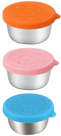 DHWEKU Contenitori per Condimenti,3 Pezzi 50 ml Contenitore per Salsa in Acciaio Inossidabile, Contenitore Cibo con Silicone Coperchio, Mini Contenitore Riutilizzabile Tazze per Salsa
