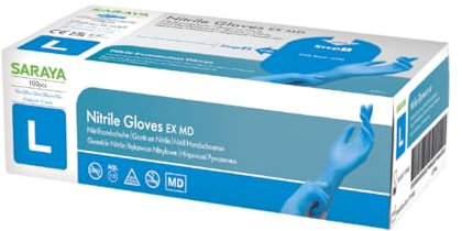 サラヤ SARAYA - Gants Jetables - Gants Nitrile - Bleus - Sans Latex - Non Poudré - Grande Élasticité - Ajustement Optimal - Doigts Anti-Dérapants - Haute Résistance (L)