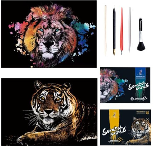 Georgie Porgy Kratzbilder Set DIY Bastelsets für Kinder Erwachsene Magic Rainbow Scratch Paper A3 Tier Kratzpapier für Weihnachten Geburtstagsgeschenk mit Kratzwerkzeuge Kit (A3-Löwe + Tiger)