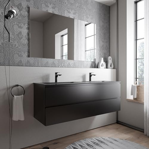 BERNSTEIN Badmöbel-Set Ava 140cm bestehend aus Mineralguss-Doppel-Waschbecken mit Unterschrank in Schwarz matt, Waschtisch CREAM - Schwarz matt mit Hahnloch, Ideal für große Bäder