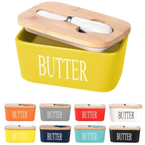 European Size Ceramic Butter Container with Wooden Lid Silicone Seal, Perfect for Nuts, Cheese, 650ml (Yellow)