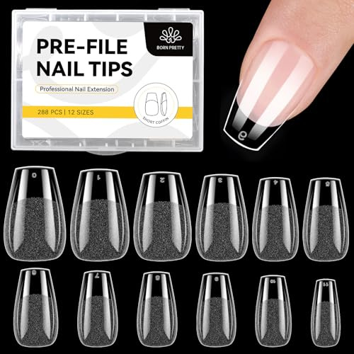 Born Pretty Nail Tips für Gelnägel Sarg Kurz - 288 Stück Nageltips Set Soft Full Cover Gel Nail Tips Pre-Shaped Halbmatt Nagelspitzen für Acrylnägel und Nail Art DIY Nagelstudio 12 Größen