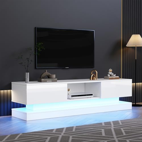 Lcoho Weißer Hochglanz-TV-Schrank, 2 Schubladen, App-Steuerung, Anti-Kipp-Design, für 60-Zoll-Fernseher,tv Board,tv lowboard