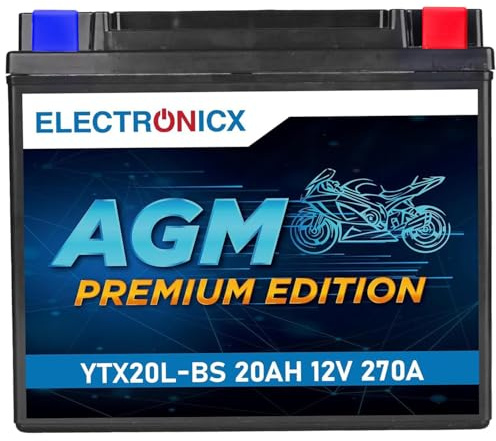 Electronicx YTX20L-BS AGM motorcykelbatteri 12V 20Ah 270A – underhållsfritt, förseglat, vibrationssäkert & kompakt startbatteri – stark prestanda för MC, skoter, ATV & fyrhjuling – färdig att använda.