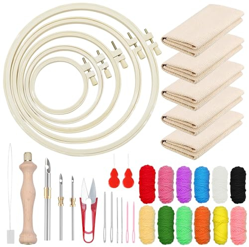 Woohome Stickerei Starter Kit Punch Needle Kit mit Stickrahmen, Stanznadeltuch, Garn, Punch Needle für Handwerk Stitching (21 Stück Starter Kits)