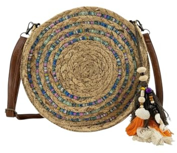 MODELISA - Bolso De Hombro Redondo De Paja Rafia Con Detalles Multicolores Mujer (Azul)