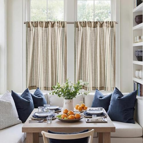 TOPICK 2er Set H 60 x B 65 (cm) Gestreifte Scheibengardinen modern Leinen Gardinen mit Streifen Küchenvorhang Blickdicht Kurz Küchengardinen für Küchen lichtdurchlässig Klein Fenster Gemischte Grün