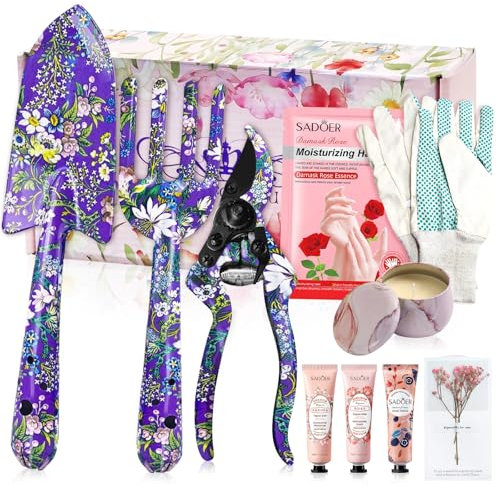 YORFULL Attrezzi Giardinaggio, 10 Pezzi Kit Giardinaggio, Set Giardinaggio con Guanti, Pala, Forbici, Artiglio, Candele, Crema per le mani, Set da Giardino con Splendida Confezione Regalo